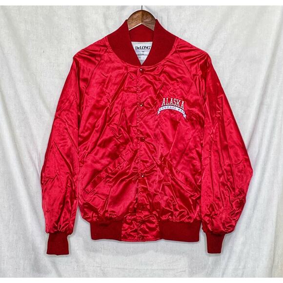 Red Satin Bomber Jacket Medium Prudhoe Bay Alaska Made in USA DELONG 1980s - Picture 1 of 6
